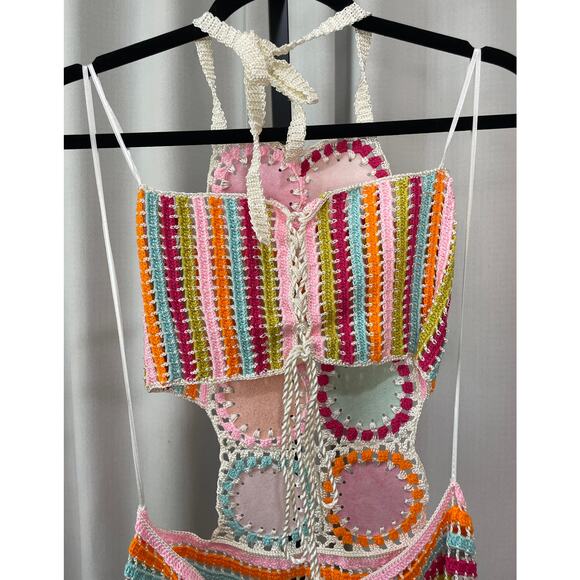 My Beachy Side Petit Fours Hand-Crochet Mini Dress Faux Leather Motif Sz Med NWT - Picture 7 of 10